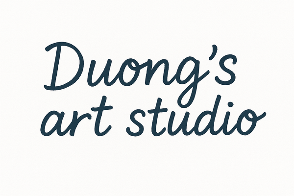 "Duong's art studio" all in 1 line, like imperfect handwriting, in cool dark blue color